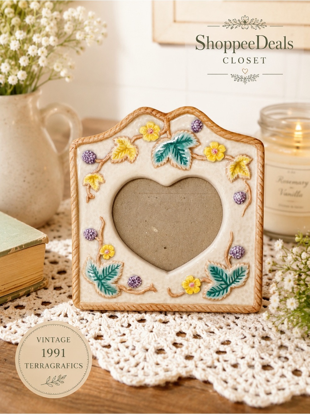 Vintage 1991 Terragrafics Heart Ceramic Picture Frame